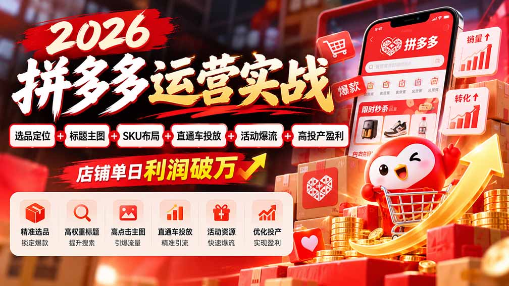2026拼多多运营实战-更新1002：选品定位+标题主图+SKU布局+直通车投放+活动爆流+高投产盈利 店铺单日利润破万-聊项目