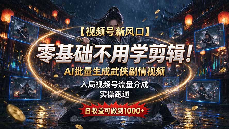 【视频号新风口】零基础不用学剪辑！AI 批量生成武侠剧情视频，入局视频号流量分成，实操跑通，日收益可做到 1000+-聊项目