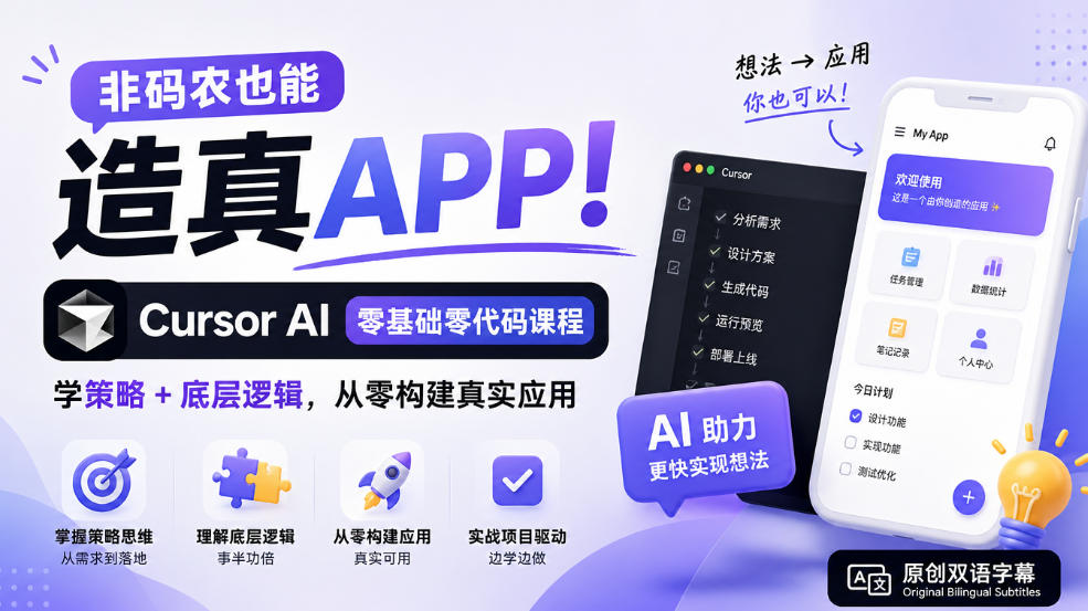 非码农也能造真APP!Cursor AI零基础零代码课程:学策略+底层逻辑,从零构建真实应用【原创双语字幕】-聊项目