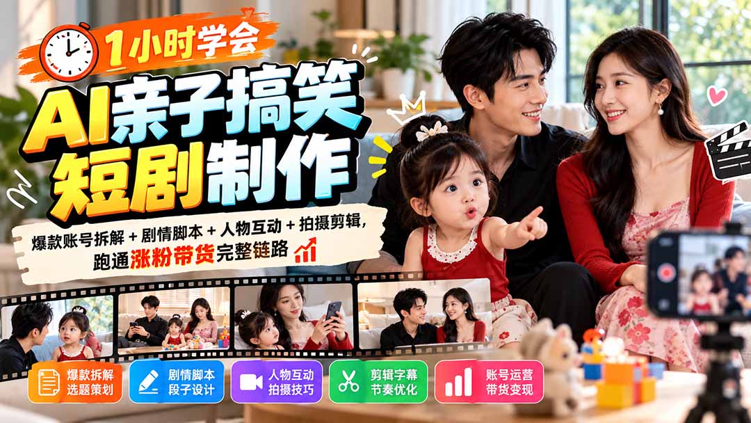 1小时学会AI亲子搞笑短剧制作:爆款账号拆解+剧情脚本+人物互动+拍摄剪辑,跑通涨粉带货完整链路-聊项目