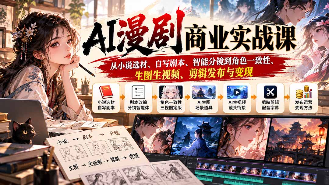 AI漫剧商业实战课:从小说选材、自写剧本、智能分镜到角色一致性、生图生视频、剪辑发布与变现-聊项目