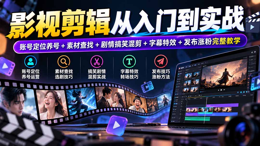 影视剪辑从入门到实战：账号定位养号+素材查找+剧情搞笑混剪+字幕特效+发布涨粉完整教学-聊项目