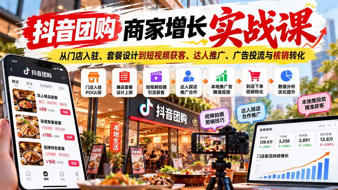 抖音团购商家增长实战课：从门店入驻、套餐设计到短视频获客、达人推广、广告投流与核销转化-聊项目