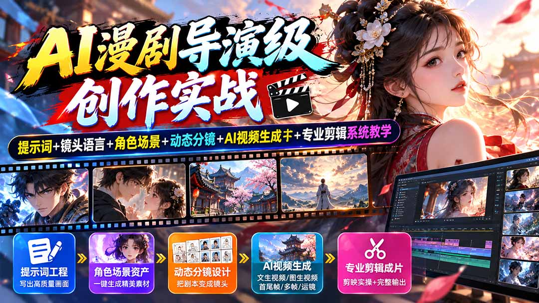 AI漫剧导演级创作实战:提示词+镜头语言+角色场景+动态分镜+AI视频生成+专业剪辑系统教学-聊项目