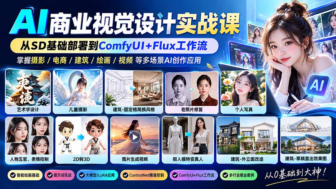 【无水印】AI商业视觉设计实战课：从SD基础部署到ComfyUI+Flux工作流，掌握摄影电商建筑AI创作-聊项目