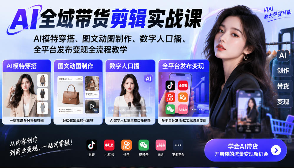 AI全域带货剪辑实战课|AI模特穿搭、图文动图制作、数字人口播、全平台发布变现全流程教学-聊项目