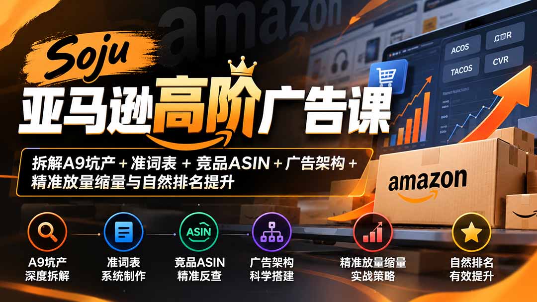 Soju亚马逊高阶广告课：拆解A9坑产+准词表+竞品ASIN+广告架构+精准放量缩量与自然排名提升-聊项目