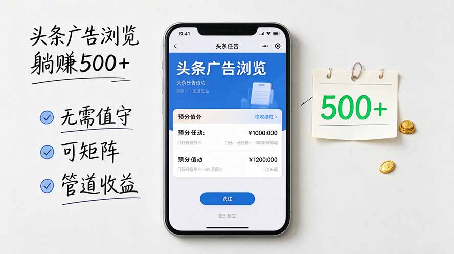 头条广告浏览躺赚500+无需值守，可矩阵并附有管道收益-聊项目