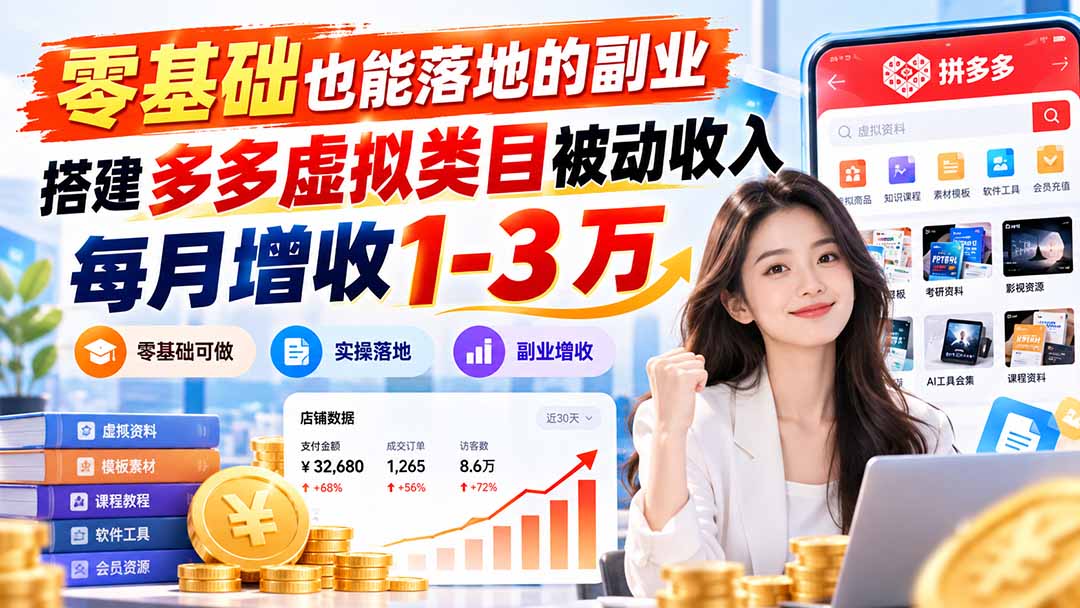 零基础也能落地的副业，搭建多多虚拟类目被动收入，每月增收 1-3 万-聊项目