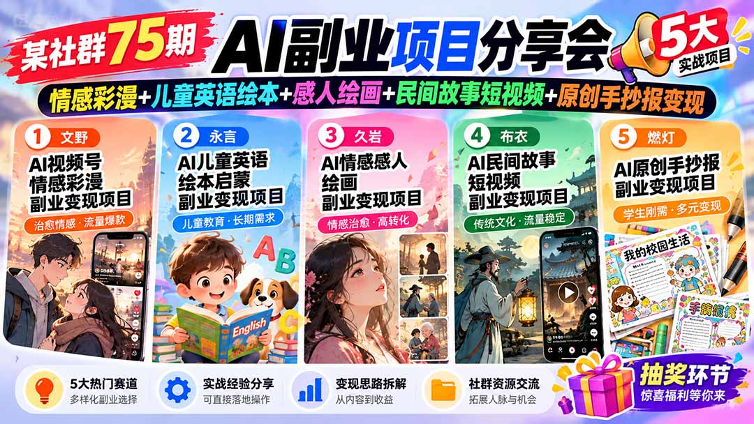 某社群75期AI副业项目分享会:情感彩漫+儿童英语绘本+感人绘画+民间故事短视频+原创手抄报变现-聊项目