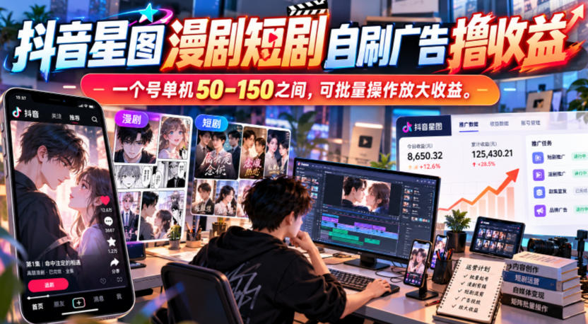 抖音星图漫剧短剧自刷广告撸收益，一个号单机50-150之间，可批量操作放大收益-聊项目
