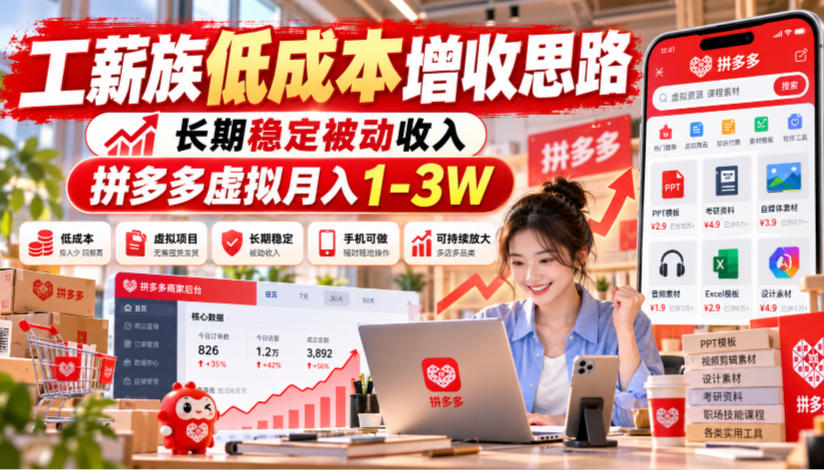 工薪族低成本增收思路，长期稳定被动收入，拼多多虚拟月入1-3W-聊项目