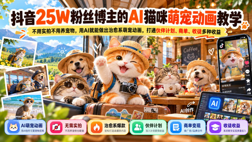 抖音25W粉丝博主的AI猫咪萌宠动画教学，不用实拍不用养宠物，用AI就能做出治愈系萌宠动画，打通伙伴计划、商单、收徒多种收益-聊项目