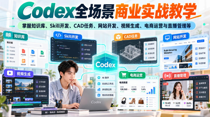 Codex全场景商业实战教学，掌握知识库、Skill开发、CAD任务、网站开发、视频生成、电商运营与直播管理等(更新1010)-聊项目