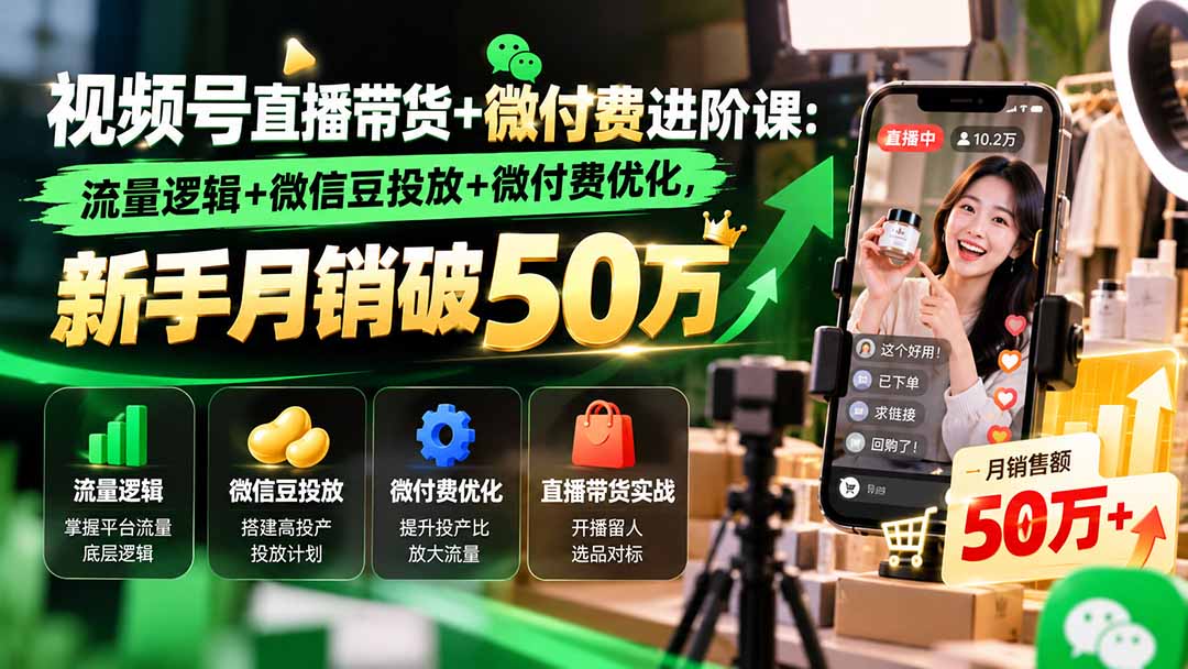 视频号直播带货+微付费进阶课-更新1010：流量逻辑+微信豆投放+微付费优化，新手月销破50万-聊项目