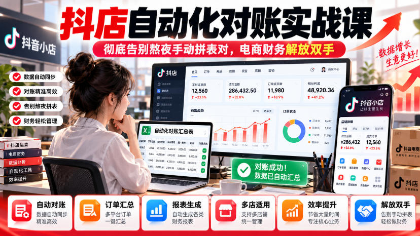 抖店自动化对账实战课，彻底告别熬夜手动拼表对，账电商财务解放双手-聊项目