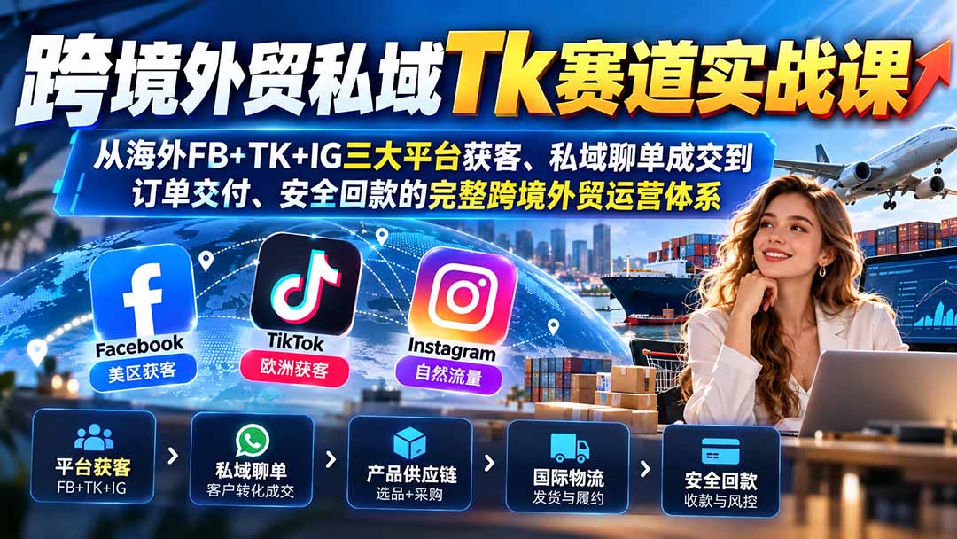 跨境外贸私域Tk赛道实战课：从海外FB+TK+IG三大平台获客、私域聊单成交到订单交付、安全回款的完整跨境外贸运营体系-聊项目