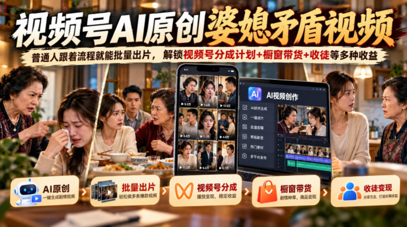 视频号ai原创婆媳矛盾视频,普通人跟着流程就能批量出片,解锁视频号分成计划+橱窗带货+收徒等多种收益-聊项目