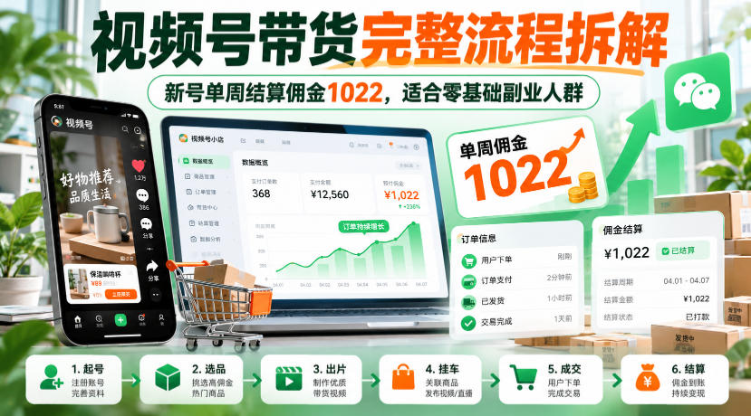 视频号带货完整流程拆解，新号单周结算佣金1022，适合零基础副业人群-聊项目