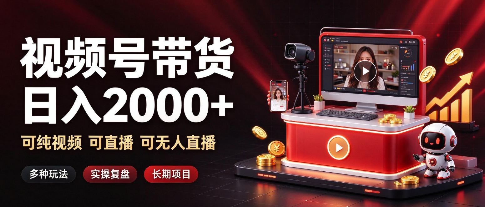 通过视频号带货日入2k+，可纯视频可直播可无人直播，多种玩法，长期项目【揭秘】-聊项目