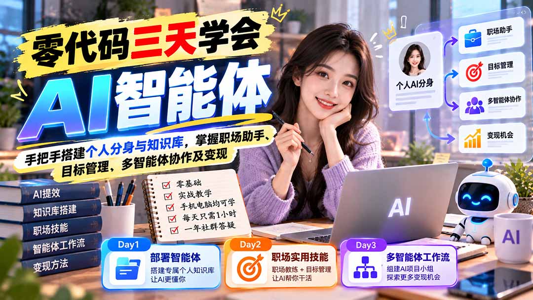 【无水印】零代码三天学会AI智能体:手把手搭建个人分身与知识库,掌握职场助手、目标管理、多智能体协作及变现-聊项目