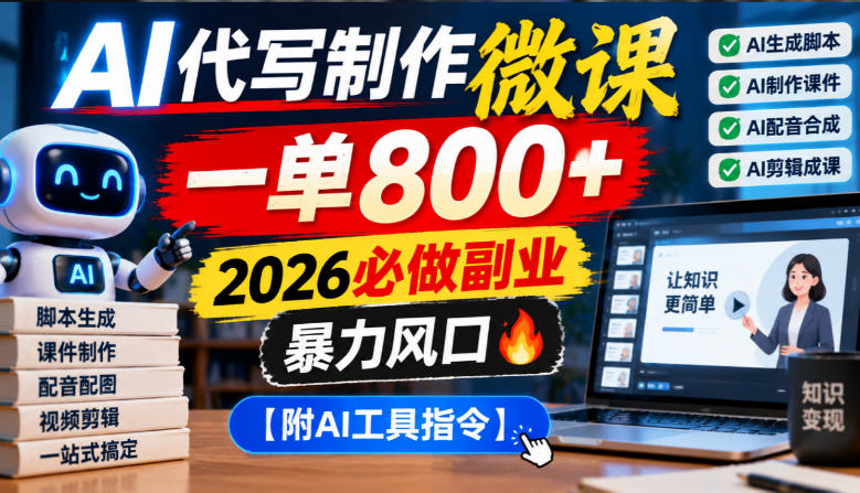AI代写制作微课，一单800+，2026必做副业，暴力风口【附AI工具指令】【揭秘】-聊项目