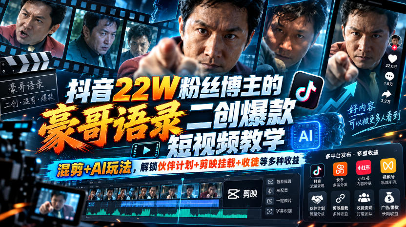 抖音22W粉丝博主的豪哥语录二创爆款短视频教学，混剪+AI玩法，解锁伙伴计划+剪映挂载+收徒等多种收益-聊项目