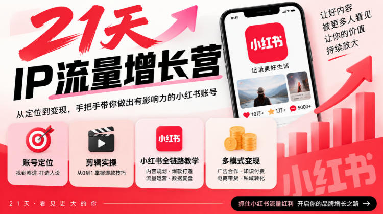 21天IP流量增长营，小红书全链路教学，账号定位剪辑实操，多模式变现系统课-聊项目