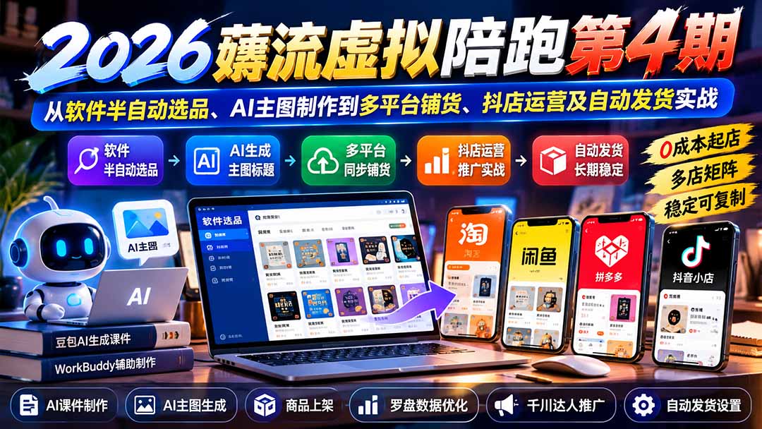 2026薅流虚拟陪跑第4期：从软件半自动选品、AI主图制作到多平台铺货、抖店运营及自动发货实战-聊项目