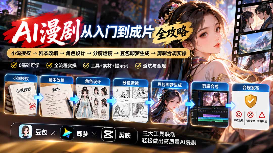 AI漫剧从入门到成片全攻略-更新1017：小说授权→剧本改编→角色设计→分镜运镜→豆包即梦生成→剪辑合规实操-聊项目