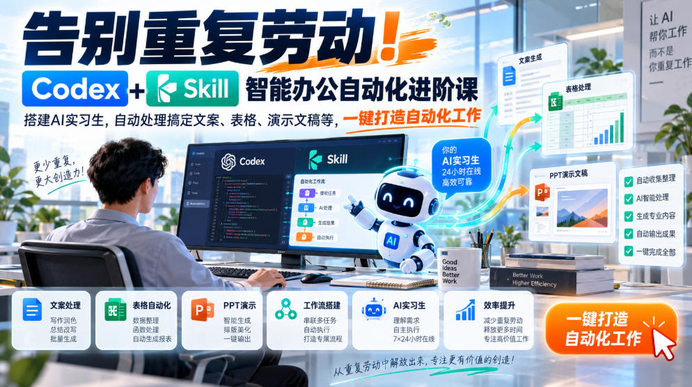 告别重复劳动！Codex+Skill智能办公自动化进阶课｜搭建AI实习生，自动处理搞定文案、表格、演示文稿等，一键打造自动化工作-聊项目