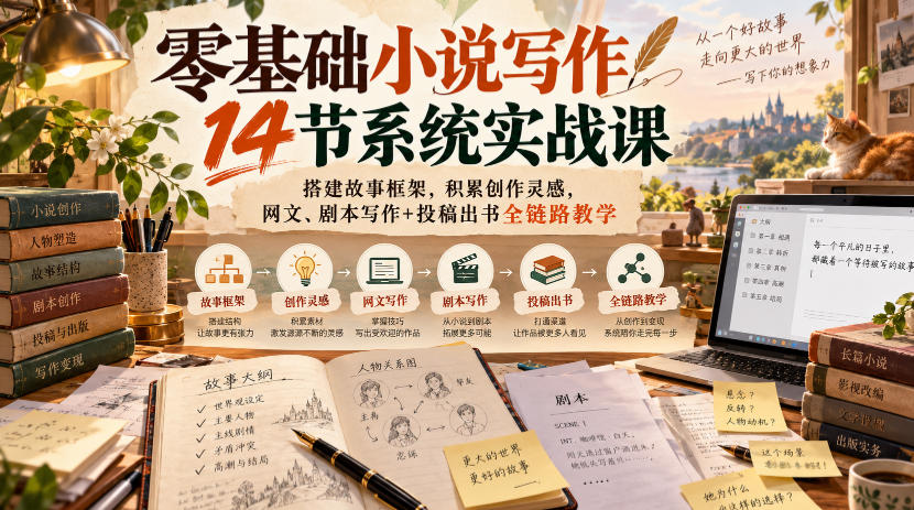 零基础小说写作14节系统实战课，搭建故事框架，积累创作灵感，网文、剧本写作+投稿出书全链路教学-聊项目