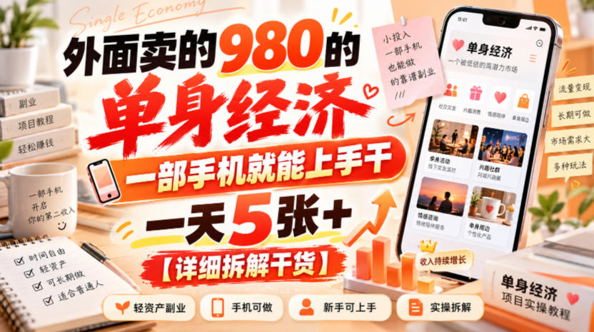 外面卖的980的单身经济，一部手机就能上手干，一天5张+【详细拆解干货】-聊项目