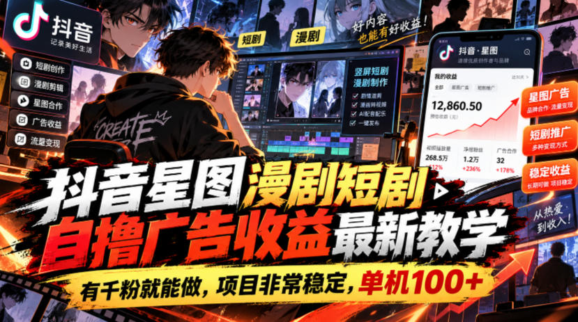 抖音星图漫剧短剧自撸广告收益最新教学，有千粉就能做，项目非常稳定，单机100+-聊项目
