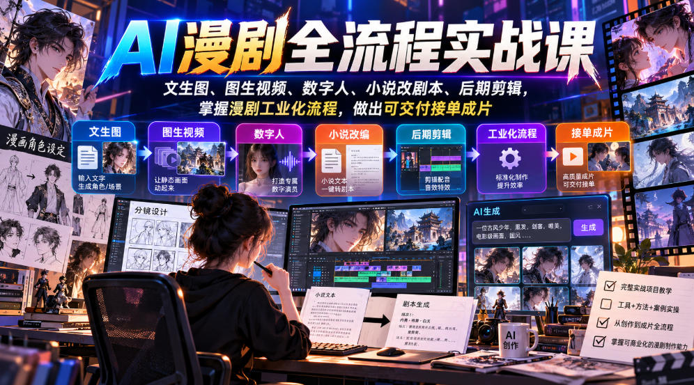 AI漫剧全流程实战课，文生图、图生视频、数字人、小说改剧本、后期剪辑，掌握漫剧工业化流程，做出可交付接单成片-聊项目