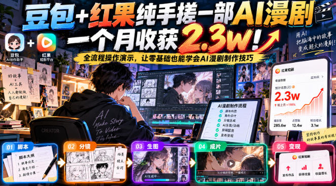 豆包+红果纯手搓一部AI漫剧一个月收获2.3w！全流程操作演示，让零基础也能学会AI漫剧制作技巧-聊项目