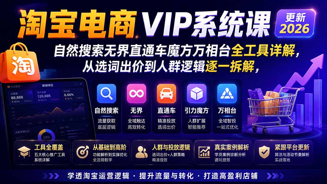 2026淘宝电商终局之战VIP课-更新1022：自然搜索+直通车+无界+精准人群，系统掌握测款动销与全店推广布局方法-聊项目