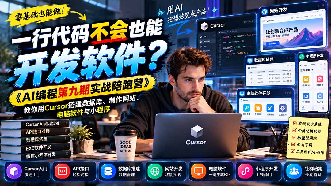 一行代码不会也能开发软件?《AI编程第九期实战陪跑营》教你用Cursor搭建数据库、制作网站、电脑软件与小程序-聊项目