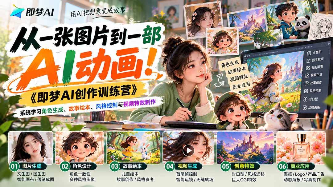 【无水印】从一张图片到一部AI动画！《即梦AI创作训练营》系统学习角色生成、故事绘本、风格控制与视频特效制作-聊项目