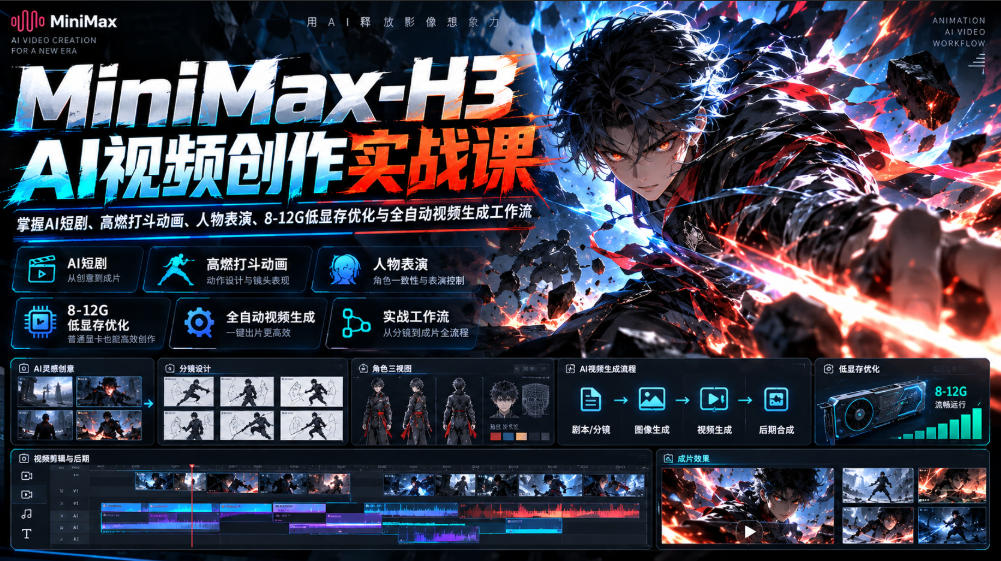 MiniMax-H3 AI视频创作实战课，掌握AI短剧、高燃打斗动画、人物表演、8-12G低显存优化与全自动视频生成工作流-聊项目