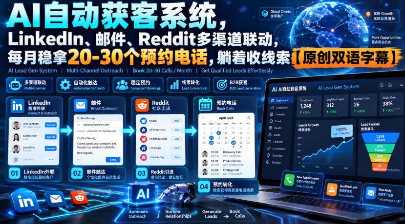 【无水印】AI自动获客系统，LinkedIn、邮件、Reddit多渠道联动，每月稳拿20-30个预约电话，躺着收线索【原创双语字幕】-聊项目