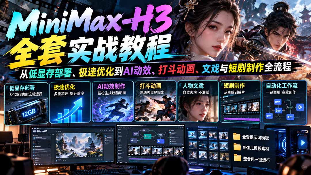 MiniMax-H3全套实战教程：从低显存部署、极速优化到AI动效、打斗动画、文戏与短剧制作全流程-聊项目