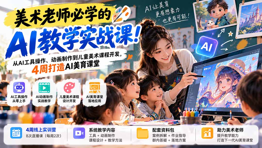 美术老师必学的AI教学实战课！从AI工具操作、动画制作到儿童美术课程开发，4周打造AI美育课堂-聊项目