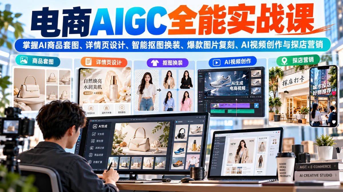 电商AIGC全能实战课：掌握AI商品套图、详情页设计、智能抠图换装、爆款图片复刻、AI视频创作与探店营销-聊项目