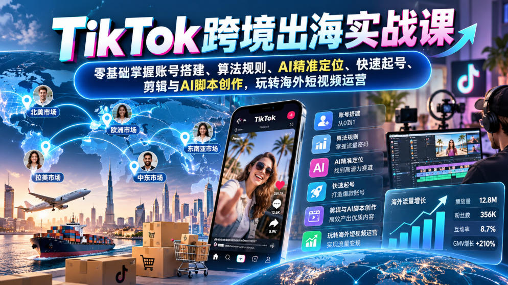 TikTok跨境出海实战课：零基础掌握账号搭建、算法规则、AI精准定位、快速起号、剪辑与AI脚本创作，玩转海外短视频运营-聊项目
