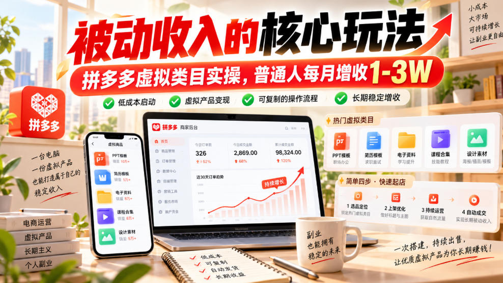 被动收入的核心玩法，拼多多虚拟类目实操，普通人每月增收1-3W【揭秘】-聊项目