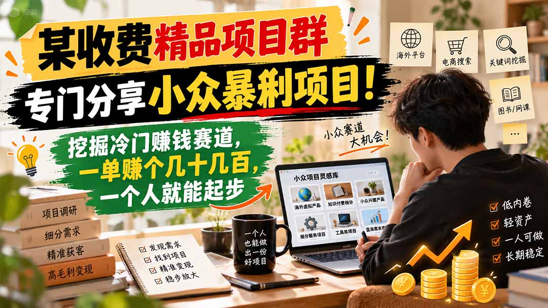某收费精品项目群，专门分享小众暴俐项目！挖掘冷门赚钱赛道，一单赚个几十几百，一个人就能起步-聊项目