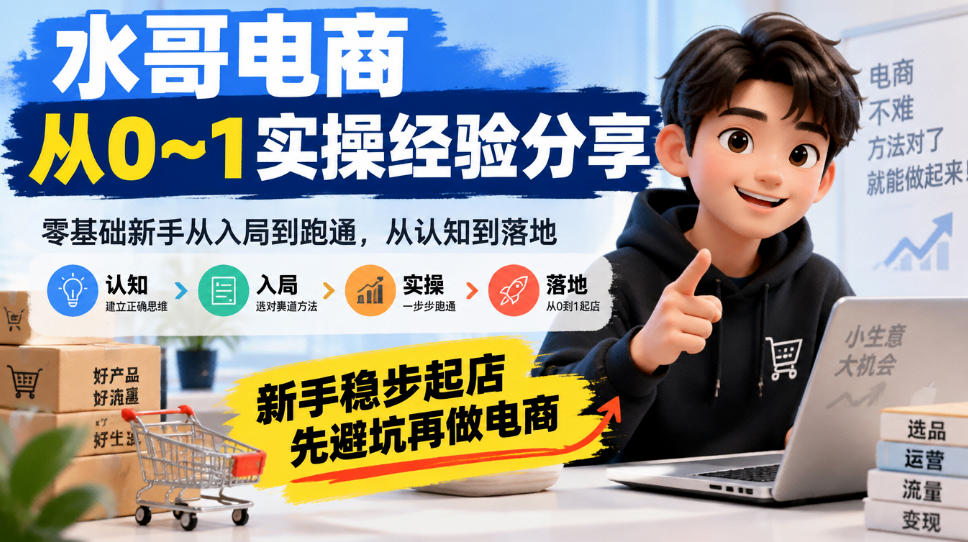 水哥电商从0~1实操经验分享，​零基础新手从入局到跑通，从认知到落地，新手稳步起店，先避坑再做电商-聊项目