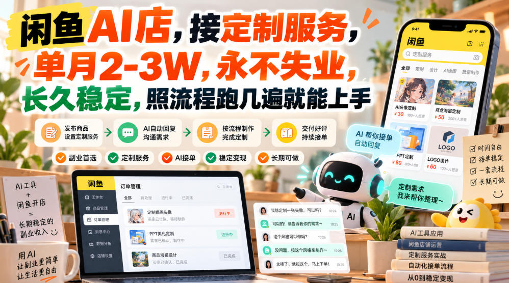 闲鱼AI店，接定制服务，单月2-3W，永不失业，长久稳定，照流程跑几遍就能上手-聊项目