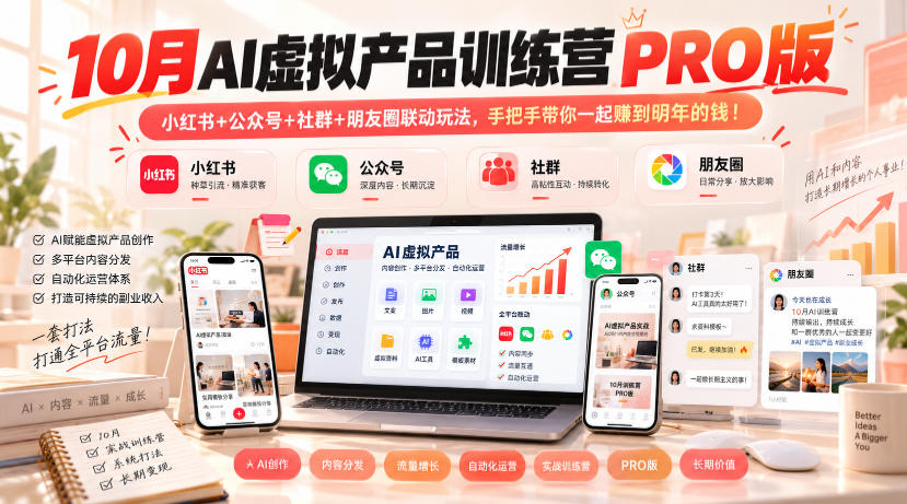 10月AI虚拟产品训练营PRO版,小红书+公众号+社群+朋友圈联动玩法,手把手带你一起赚到明年的钱!(更新1029)-聊项目